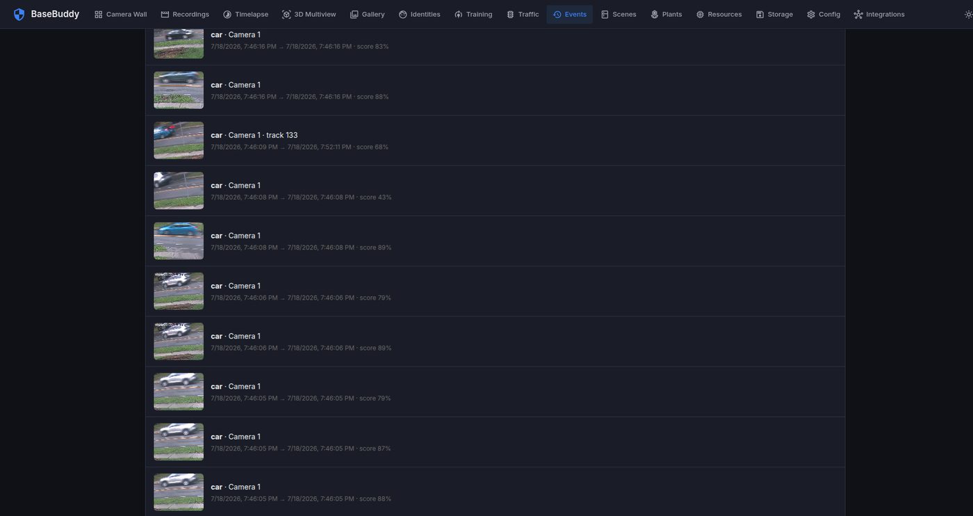 BaseBuddy event timeline showing detected vehicles with camera, time, tracking, and confidence information