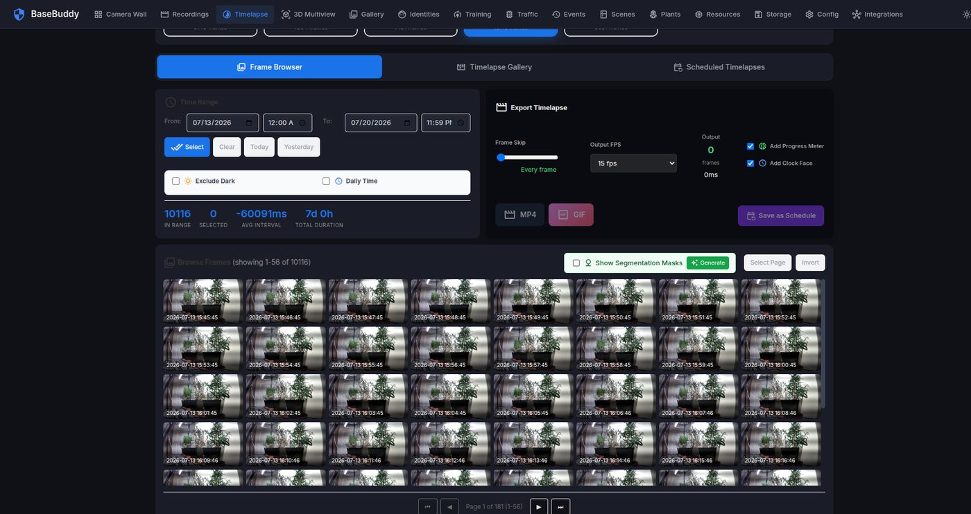 BaseBuddy timelapse browser with date filtering, frame selection, and MP4 or GIF export controls