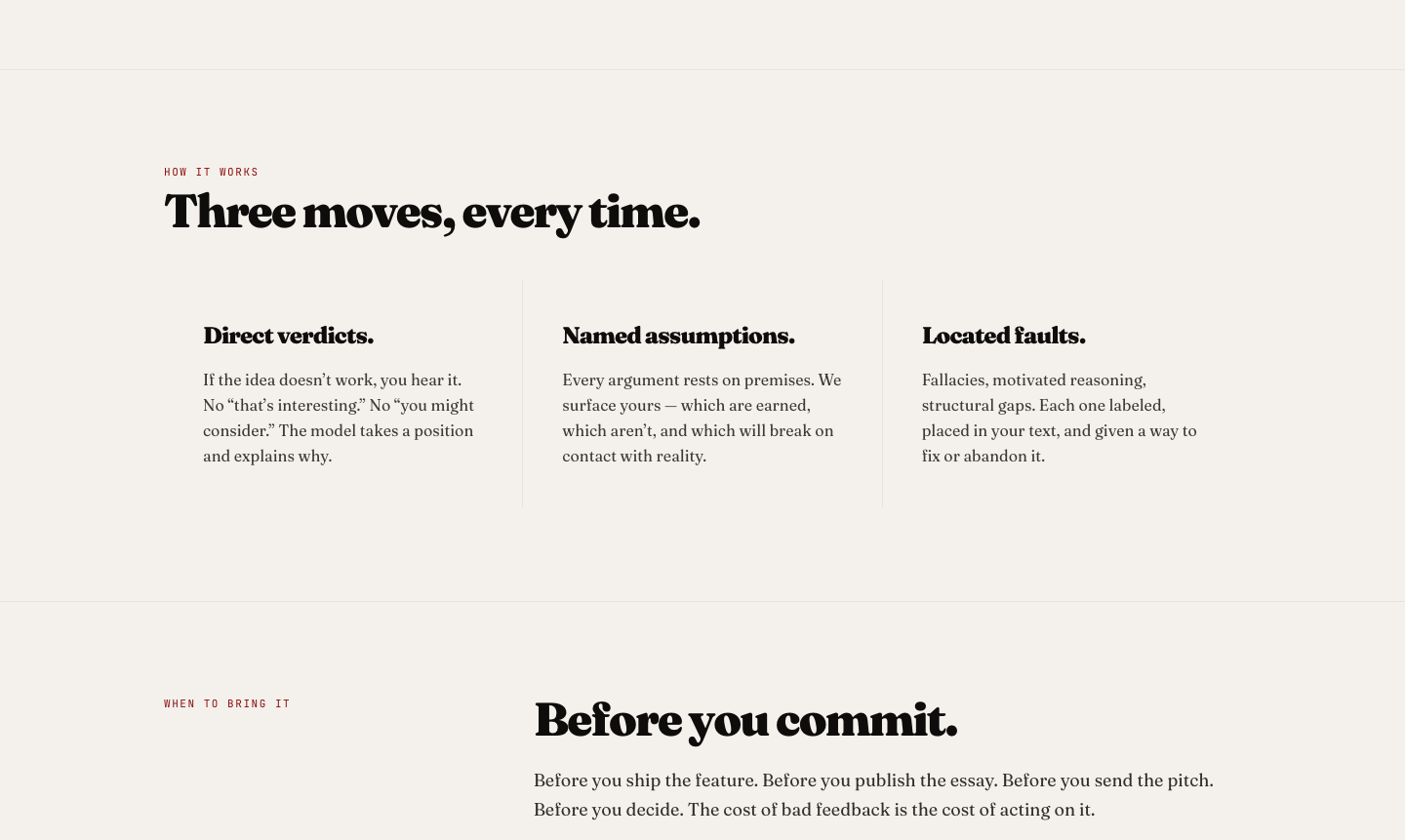 Disagreeable.AI method: direct verdicts, named assumptions, and located faults