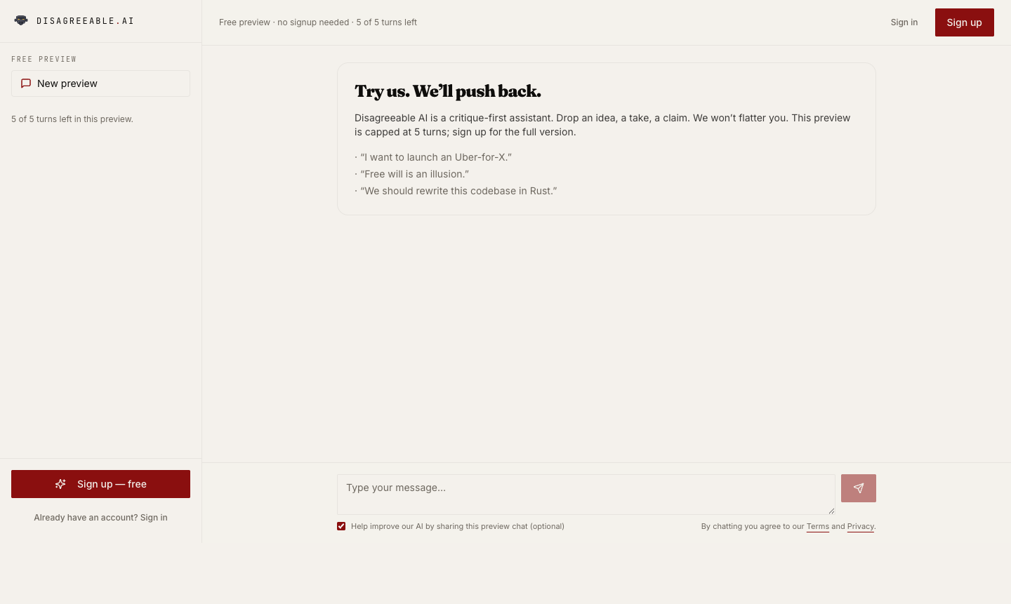 Disagreeable.AI free preview interface inviting the user to submit an idea, claim, or take