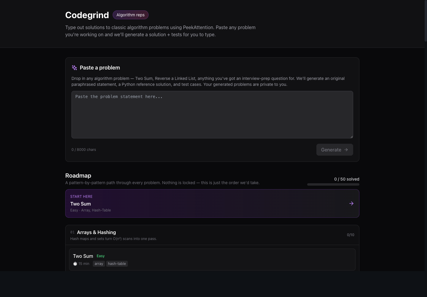 PeekAttention Codegrind roadmap with LeetCode-style algorithm problems and a custom problem generator