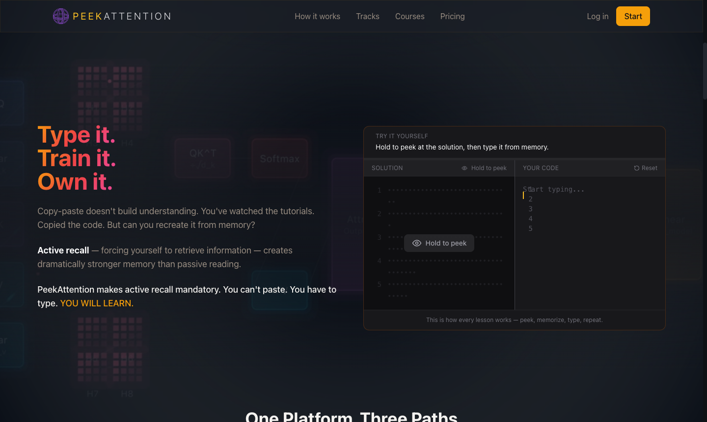 PeekAttention demonstration with a hidden solution beside an editor for typing code from memory